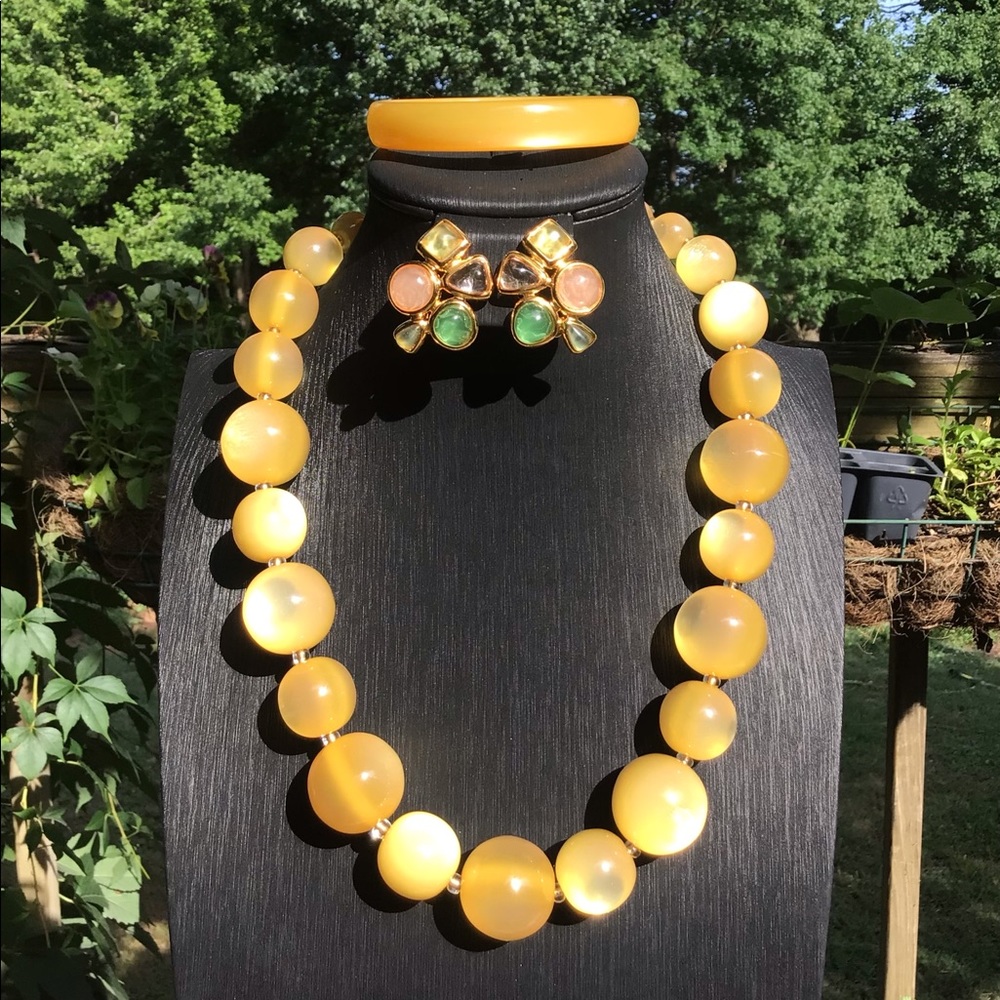 Vintage Joan Rivers moonglow necklace earring bangle SET large beads, signed